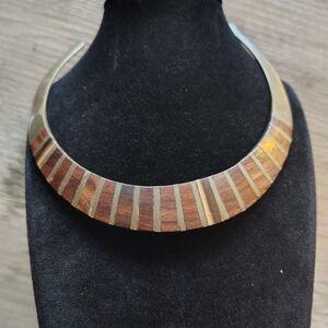 Vintage 1970s Wood Inlay Brass Torque Collar Necklace Artisan Statement